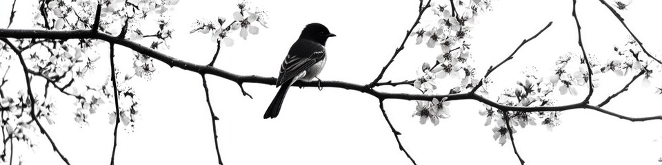 A bird sits on a tree branch in black and white