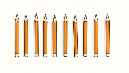 A collection of ten vibrant yellow pencils arranged in a straight line on a clean white background