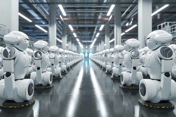 White, AI-controlled care robots in a warehouse, robotics, AI generated, AI generated
