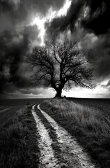 an old tree in the middle, surrounded by fields, with dark clouds above it. The sky is gloomy, creating a dramatic atmosphere