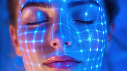 close up of woman face illuminated by blue laser grid, creating striking visual effect. serene expression and intricate patterns evoke sense of calm and innovation