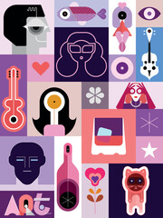 Artistic collage of many different avatars, objects and abstract shapes, set of vector design elements.