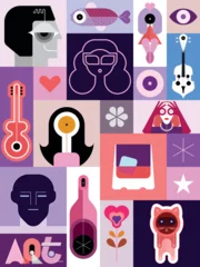 Artistic collage of many different avatars, objects and abstract shapes, set of vector design elements.
