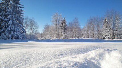 Fototapeta premium Snow covered trees and a field of pristine winter snow