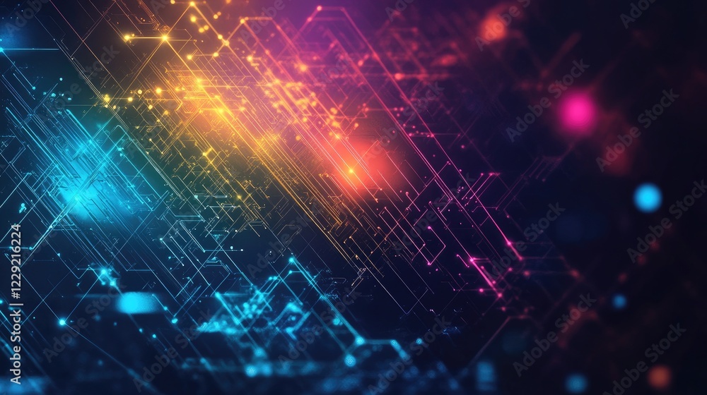 Poster abstract futuristic digital rendering with vibrant glowing geometric patterns in neon hues against a