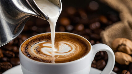 Milk being poured into cup of coffee