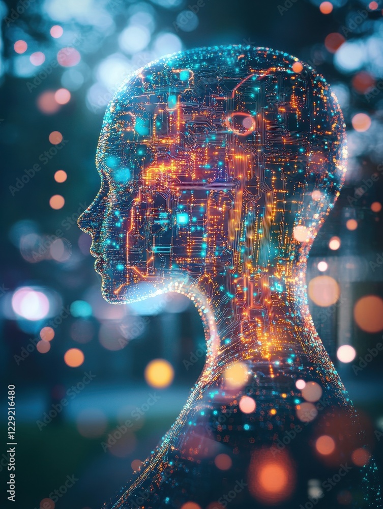 Poster abstract glowing circuit ai hologram with dna on blurry background. ai and science concept. double e