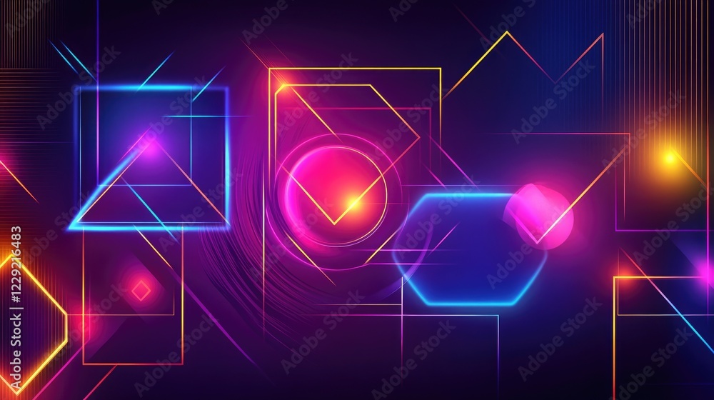 Poster bold neon geometric shapes glowing brightly in a high-tech digital rendering with a futuristic aesth