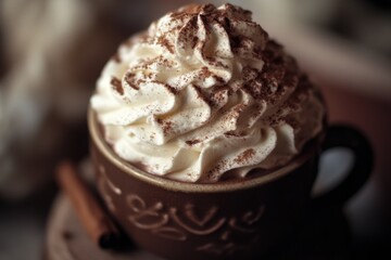 A warm cup of hot chocolate topped with whipped cream and sprinkled with cinnamon, perfect for a cozy morning or afternoon pick-me-up