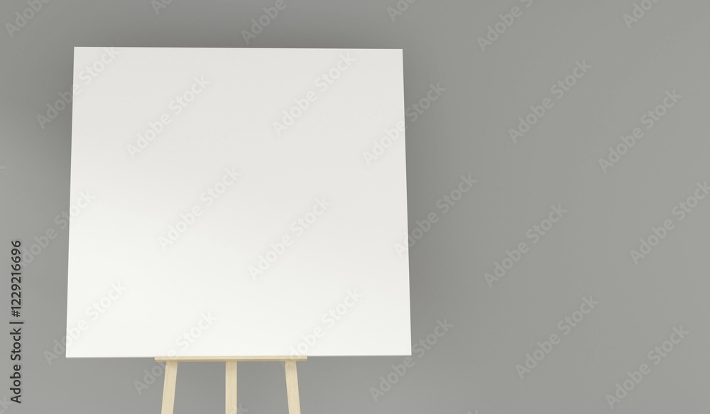 Aufkleber wooden easel with a blank canvas in a grey room with space for text on the wall, 3d rendering