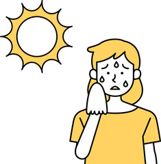 炎天下で汗をかく女性のベクターイラスト 熱中症予防 太陽 日光 シンプル かわいい 夏バテ