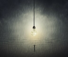 Surreal backround of a man standing with wide opened hands in front of a huge bulb near the ocean in a rainy day. Idea concept
