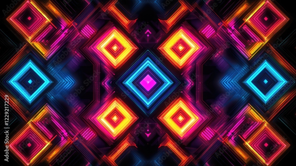 Aufkleber bright neon geometric patterns glowing in a dark digital rendering, creating a striking and futurist