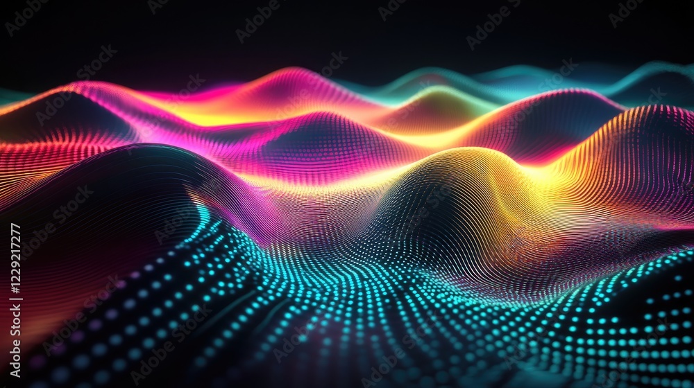 Poster bright neon geometric patterns glowing in a dark digital rendering, creating a striking and futurist
