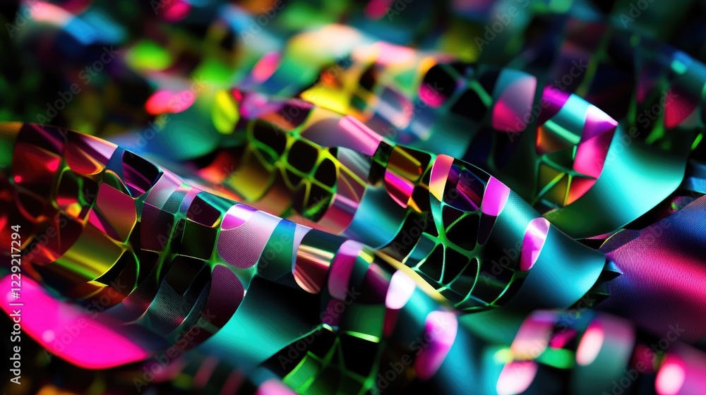 Poster bright neon geometric patterns glowing in a dark digital rendering, creating a striking and futurist