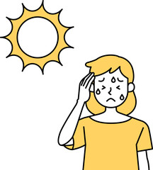 炎天下で頭痛になる女性のベクターイラスト 熱中症予防 太陽 日光 シンプル かわいい 夏バテ