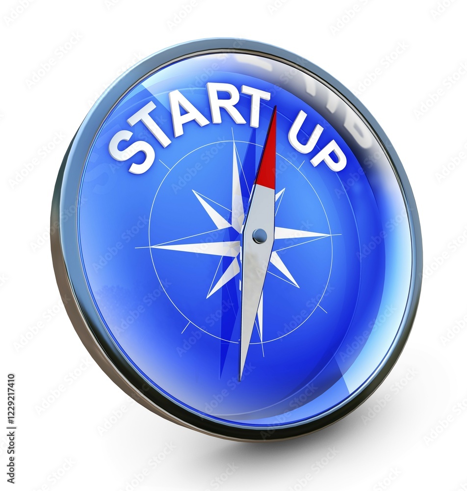 Poster 3d rendering of a compass with a start up icon