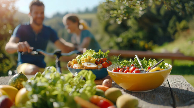 Fresh organic lunch with cyclists enjoying healthy food outdoors. Colorful salads and vegetables create vibrant scene in nature, promoting healthy lifestyle