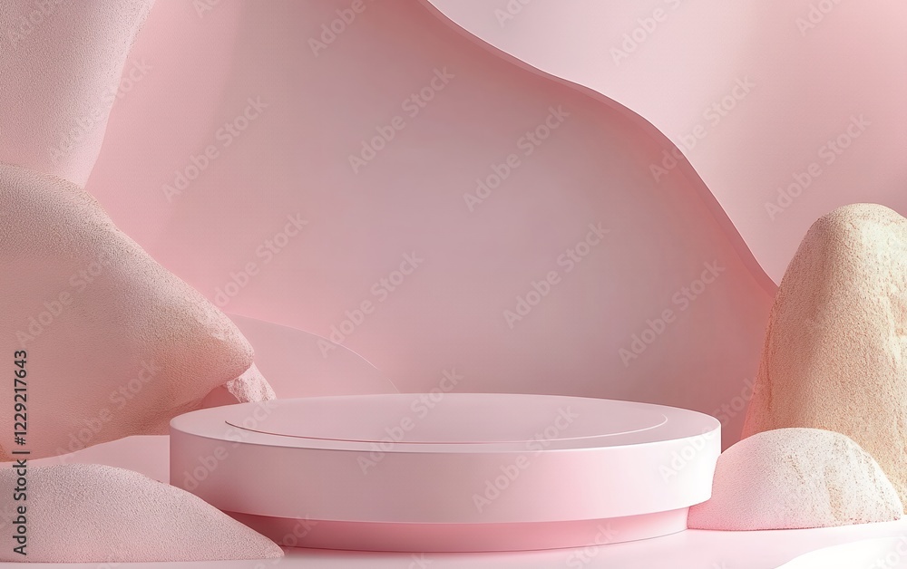 Poster soft pink minimalistic product display with smooth curves, round platform, and subtle textures, perf