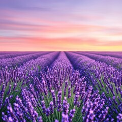 Naklejka premium A serene lavender field stretches towards the horizon, bathed in soft pink and purple hues during sunset.