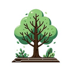 Stylized tree with green foliage and brown trunk on wooden platform surrounded by plants. Cartoon nature illustration