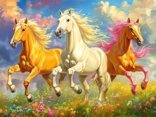 Three horses running in the sky. Yellow, white and pink. Illustration in a colorful style with a lively cloud background