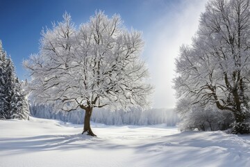 Fototapeta premium Two snow-covered trees in a wide open, sunny winter field with a bright clear sky, AI generated