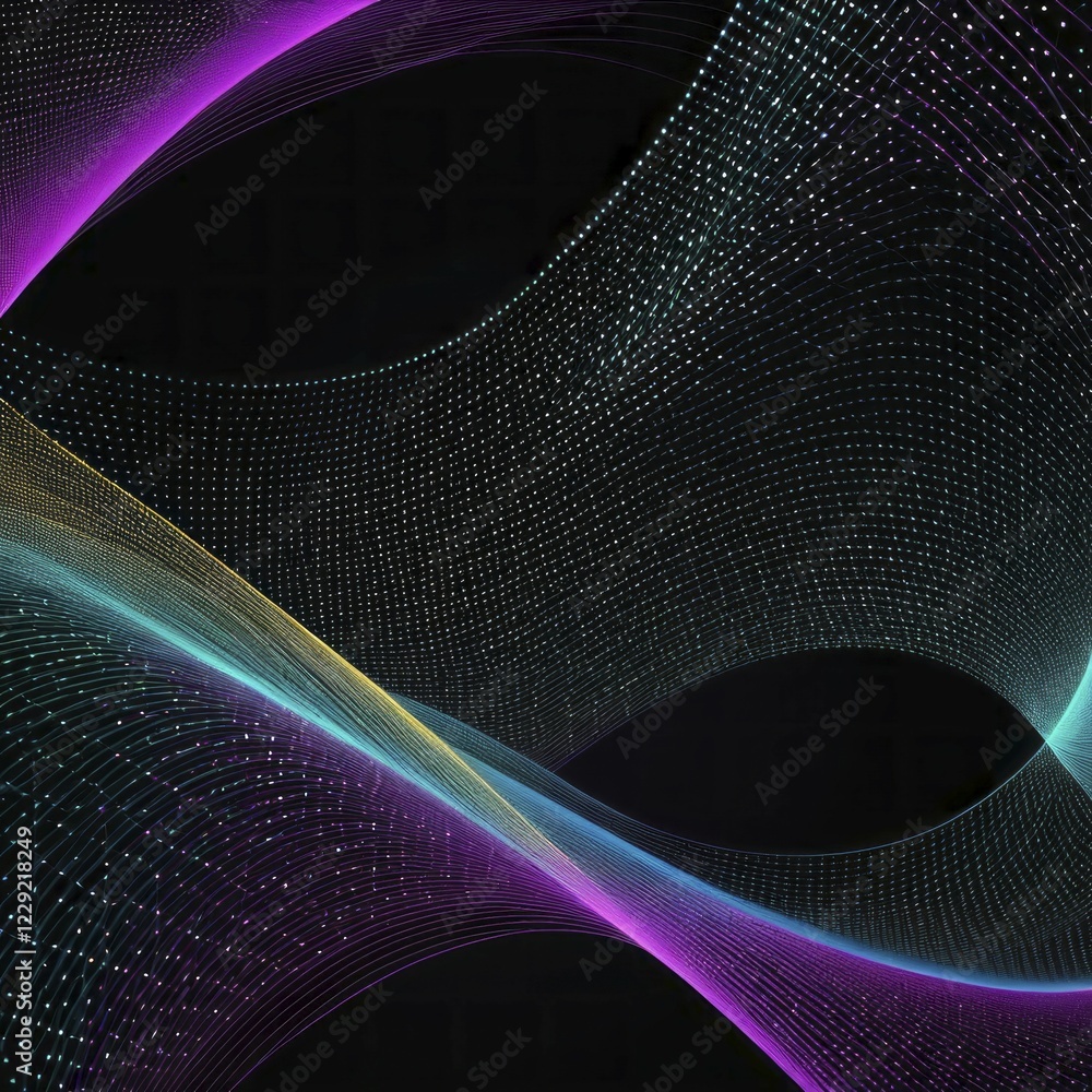 Aufkleber abstract digital art featuring colorful curved lines and dots on a black background with a neon grad