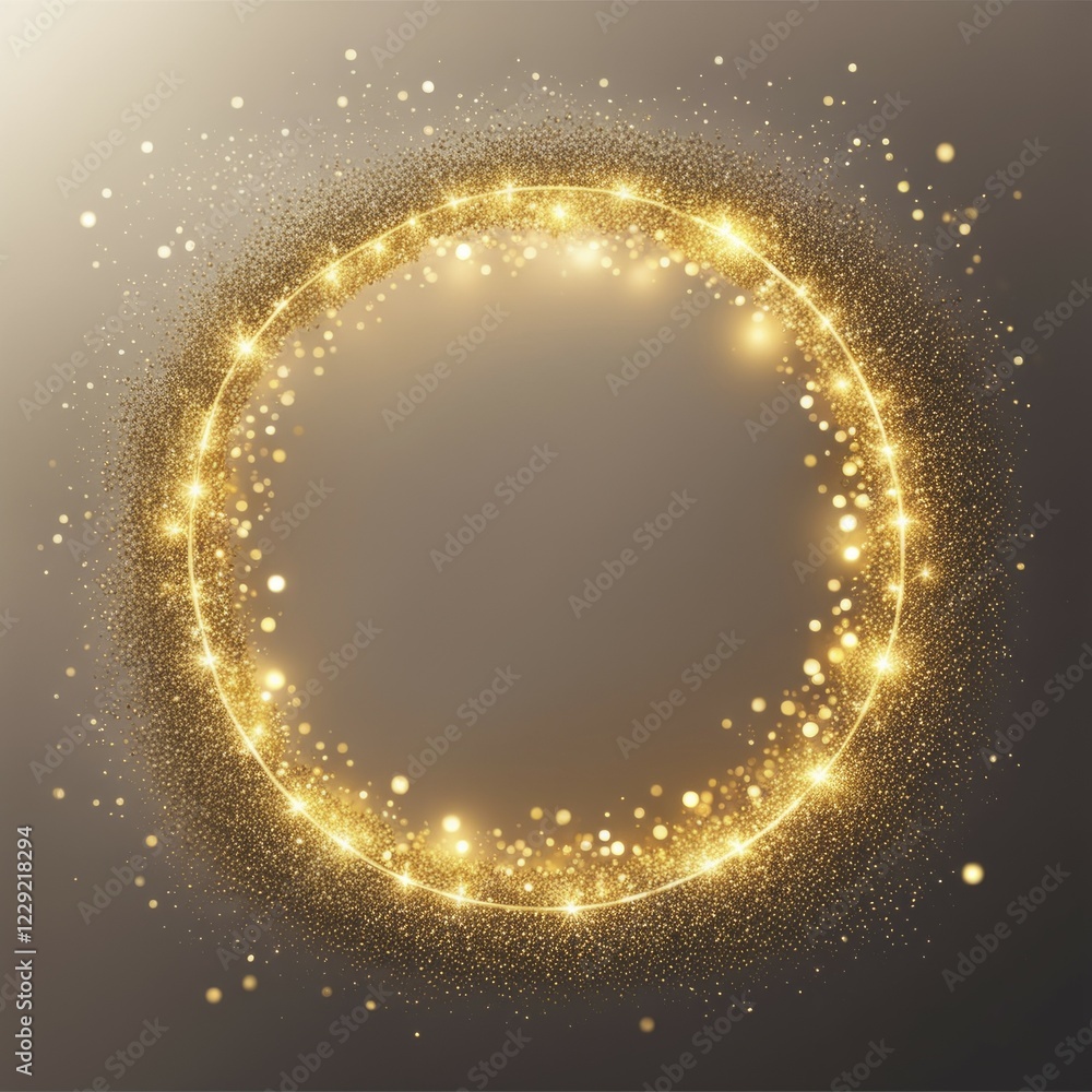 Poster golden circular frame with glittering sparkles and stars on a gradient background, creating a magica