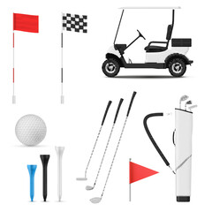A set of golf equipment that includes clubs, balls, a golf cart and other accessories needed to play the course