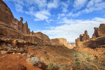 Park Avenue Trail, Rock formation of the Courthouse Towers, Arches National Park, Utah, USA, North America