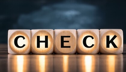 Obraz premium 確認チェックを意味する英単語のCHECKの文字が書かれた木製のキューブブロック。AIで生成 