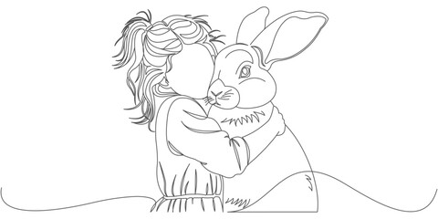 Heartwarming Line Art of a Child Hugging a Rabbit