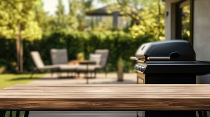 Empty wooden tabletop for product presentation on blurred background of backyard with barbecue grill, table and lounge chairs