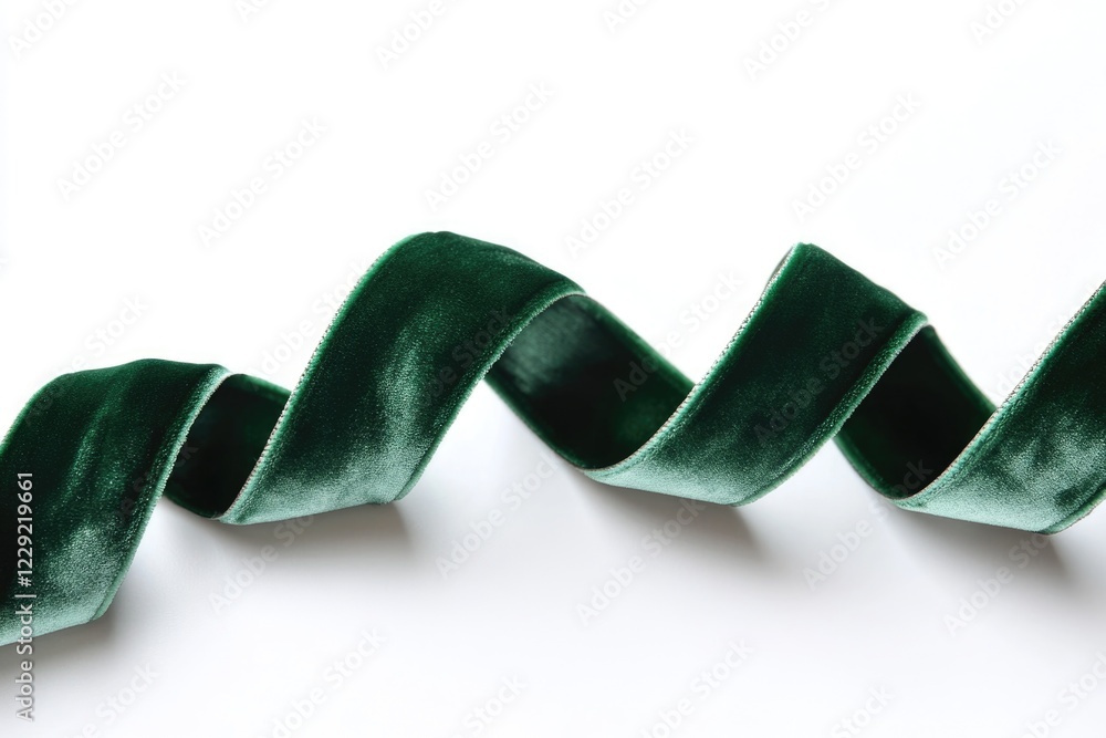 Poster a close-up view of a green ribbon on a white background, perfect for use in designs where a subtle p