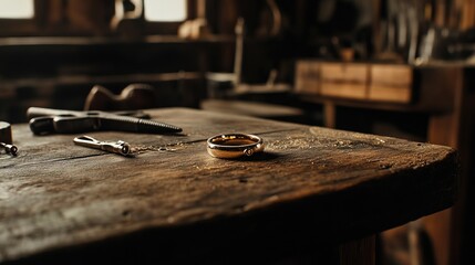 Golden ring on a wooden table with tools in a workshop.