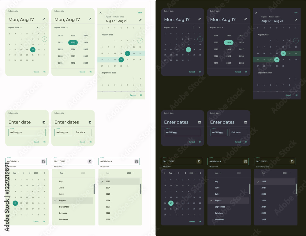 Poster calendar app page. planner for mobile phone. date picker components ui for planning app.