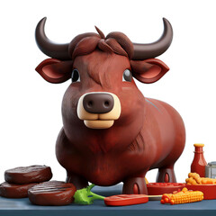 Cartoon Style Bull with Food Items on a Kitchen Table, Isolated on transparent background