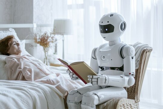 A friendly white care robot in an old people's home reads a book to an old woman, care for the elderly, AI generated, AI generated