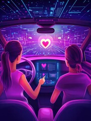 Businesswoman with heart likes using autonomos car with technology icons. Autonomous car, self-driving car, driverless robotic vehicle concept. Bright vibrant violet vector isolated illustration