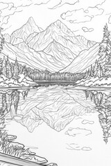 Fototapeta premium Majestic Mountain Lake Landscape Drawing . Children coloring page