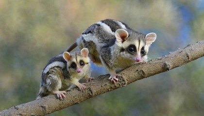 Fototapeta premium AI generated, animal, animals, mammal, mammals, biotope, habitat, two, juvenile, foraging, wildlife, striped possum (Dactylopsila trivirgata)