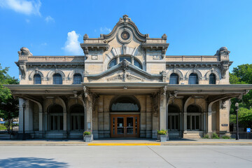 Fototapeta premium Historic train station with a grand entrance, representing classic architecture