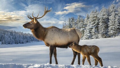 KI generated, animal, animals, mammal, mammals, biotope, habitat, two, one young, foraging, wildlife, american elk (Cervus canadensis), Canada, sideways, North America