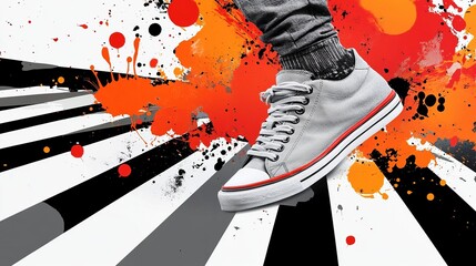 Grey sneaker on crosswalk with colorful paint splatters.