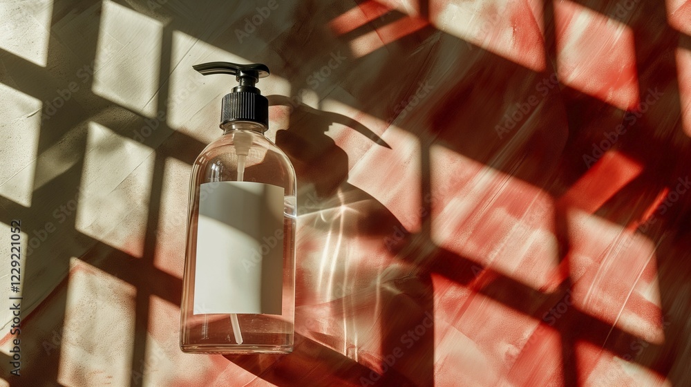 Aufkleber pump dispenser with blank label casting a shadow on a red background with abstract light and shadow 