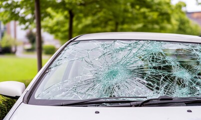 Fototapeta premium Shattered windshield, car damage, roadside, green background, insurance claim