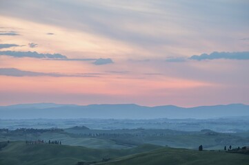 Hilly landscape at sunrise, morning light, Tuscany, Siena province, Italy, Europe