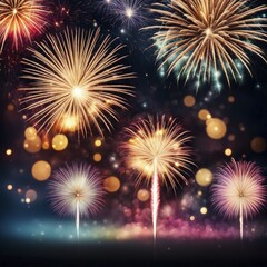 An array of colorful fireworks light up the night sky against a backdrop of bokeh lights, AI generated