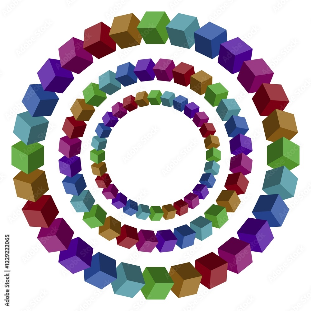 Poster circles constructed of a lot of colorful vector blocks. isometric cubes for impossible 3d designing.